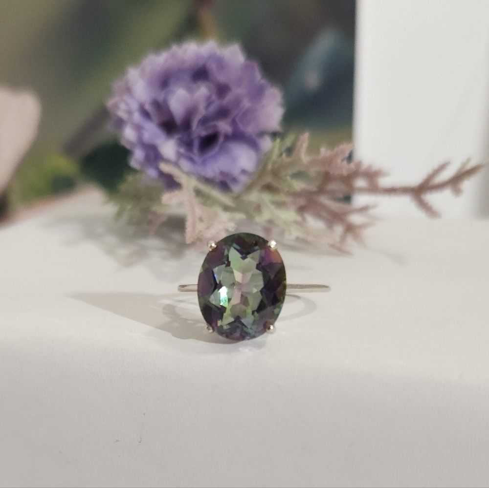 Sterling Silver Mystic Topaz Large Oval Stone Ring Topaz Solitaire Ring Size 7